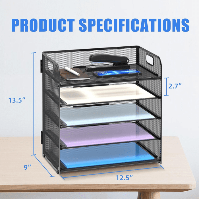 2 Pack 5-Tier Desk Organizer with Handle Mesh Desk File/Paper Organizer Letter Tray for Office, School and Home Easy Installation,Black - Image 6