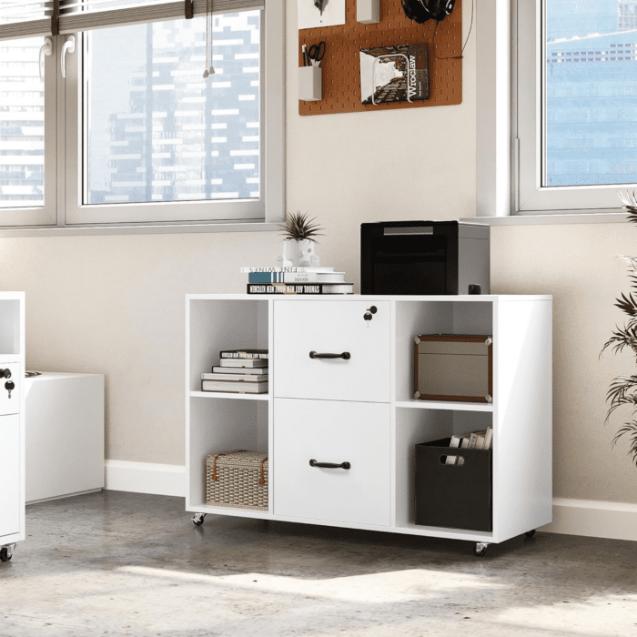 White File Cabinet Mobile Letter Size File Cabinet with 2 Drawers and 4 Open Storage Shelves Large Mobile Lateral Filing Cabinet Printer Stand for Home and Office - Image 5