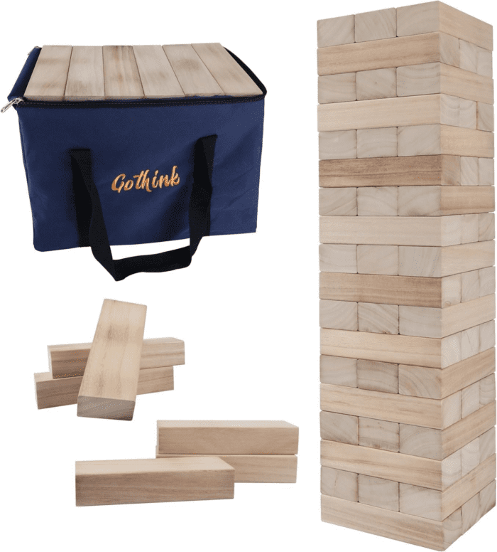 Giant Tumble Tower Game, Large Tumbling Tower Stack to over 4 FT 54Pcs Wooden Jumbo Blocks for outside Yard Games with Carry Case Timber Stacking Game Night Toy Gift for Kids Adults Family