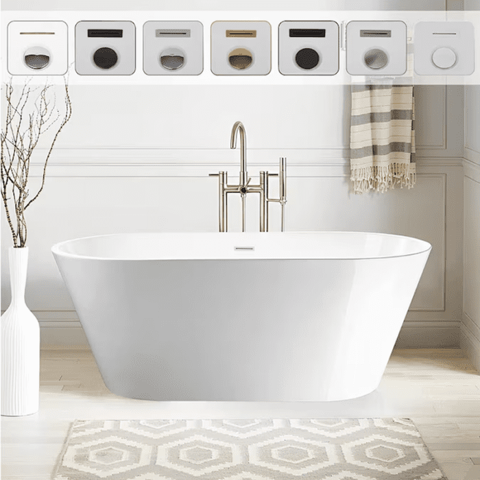 29.5-In X 59-In White/Polished Chrome Acrylic Oval Freestanding Soaking Bathtub with Drain (Center Drain) - Image 9