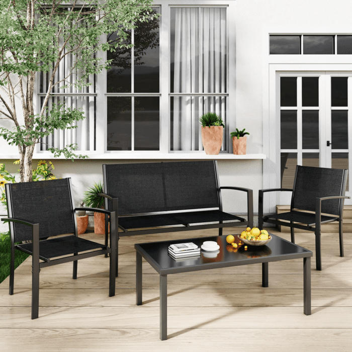 4 Pieces Patio Furniture Set, Outdoor Conversation Sets for Patio, Lawn, Garden, Poolside with a Glass Coffee Table, Black - Image 3