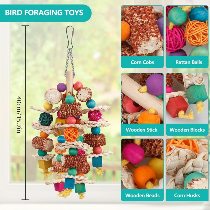 Parrot Toys Bird Toys Natural Corn Cob Bird Chew Toys for Small and Medium-Sized Macaws,African Grey,Cockatoos,Amazon Parrots,Parakeet,Cockatiel,Sun Conure, Lovebird with Wooden Blocks - Image 6