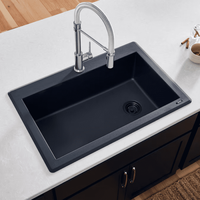 Epigranite Drop-In 33-In X 22-In Midnight Black Granite Single Bowl 1-Hole Kitchen Sink