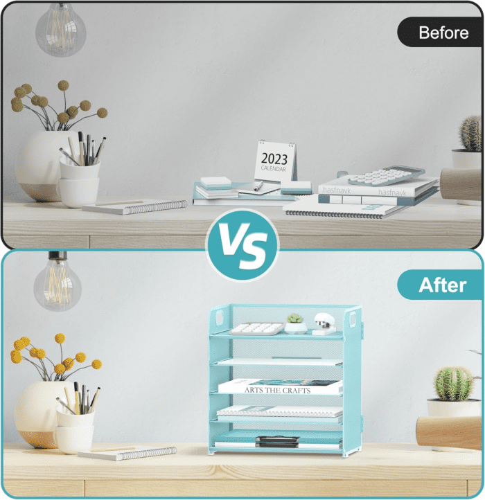 5 Trays Paper Organizer Letter Tray with Handle-Mesh Desk File Organizer, Paper Sorter Desk Organizer for Office, Home or School (Light Blue) - Image 6