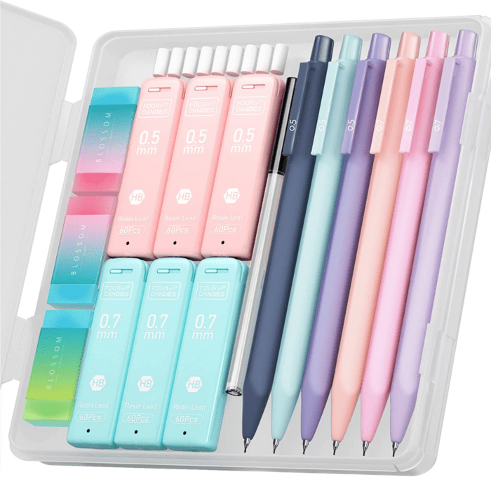 Cute Mechanical Pencil Set, 6PCS Pastel Mechanical Pencils 0.5 & 0.7Mm with 360PCS HB Pencil Leads, 3PCS Erasers and 9PCS Eraser Refills, Aesthetic Mechanical Pencils for Girls Writing