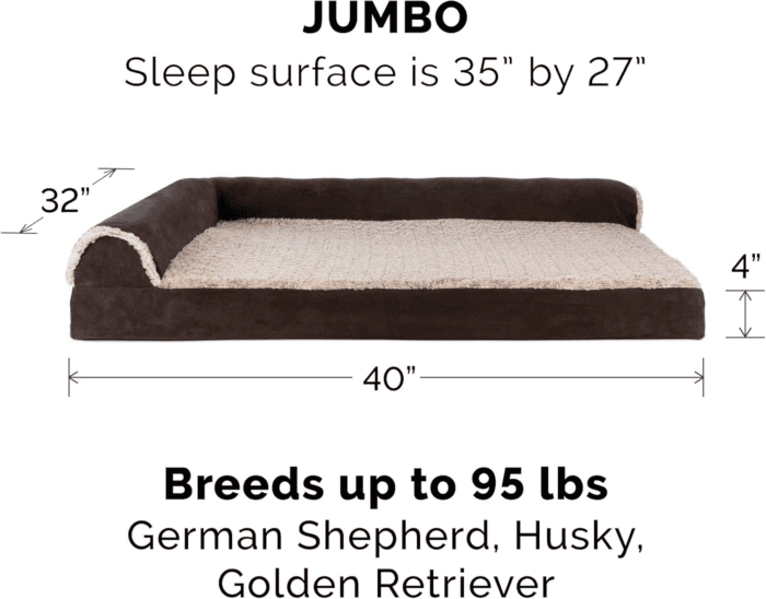 Orthopedic Dog Bed for Large Dogs W/ Removable Bolsters & Washable Cover, for Dogs up to 95 Lbs - Two-Tone Plush Faux Fur & Suede L Shaped Chaise - Espresso, Jumbo/Xl - Image 2