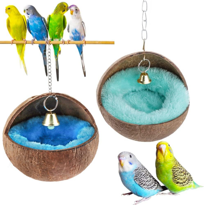 2 Pcs Natural Coconut Shell Bird Nest House Bed Breeding Nesting Anti-Pecking Bite with Warm Pad and Bell for Bird Parrot Budgie Parakeet Cockatiel Conure Lovebird Canary Finch