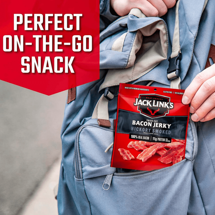 Bacon Jerky, Hickory Smoked, 2.5 Oz. Bag - Flavorful Ready to Eat Meat Snack with 11G of Protein, Made with 100% Thick Cut, Real Bacon, Perfect Hunting Trip Snacks (Packaging May Vary) - Image 5