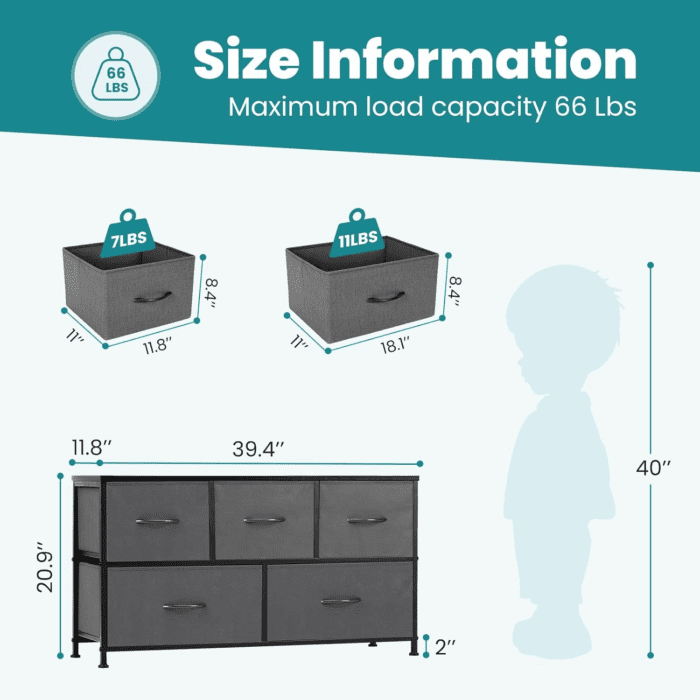 Dresser for Bedroom with 5 Drawers, Wide Chest of Drawers, Fabric Bedroom Dresser with Drawer Organizers, Storage Organizer Unit with Fabric Bins for Closet, Living Room, Hallway, Grey - Image 3