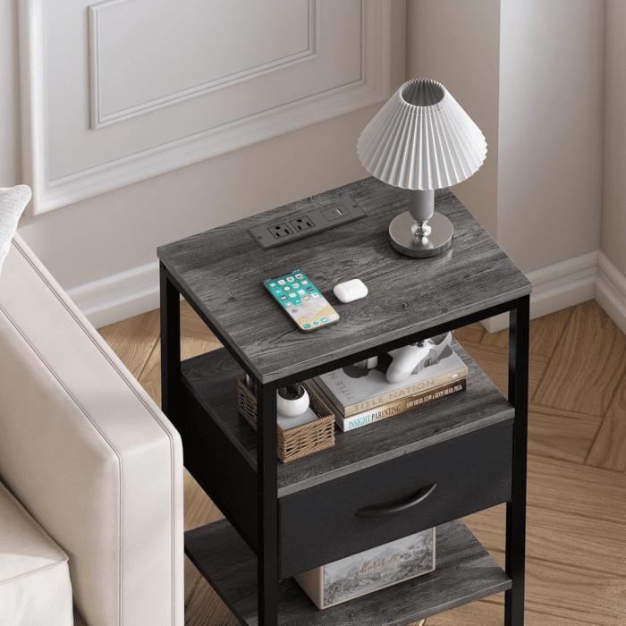 Nightstand with Charging Station, Bed Side Table with Adjustable Fabric Drawer, Night Stand for Bedroom, 3-Tier Storage End Table, for Living Room, Charcoal Gray - Image 8