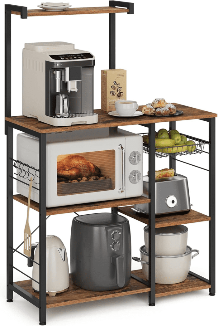 Baker'S Rack, Microwave Stand, Kitchen Storage Rack with Wire Basket, 6 Hooks, and Shelves, for Spices, Pots, and Pans, Rustic Brown and Ink Black UKKS35X