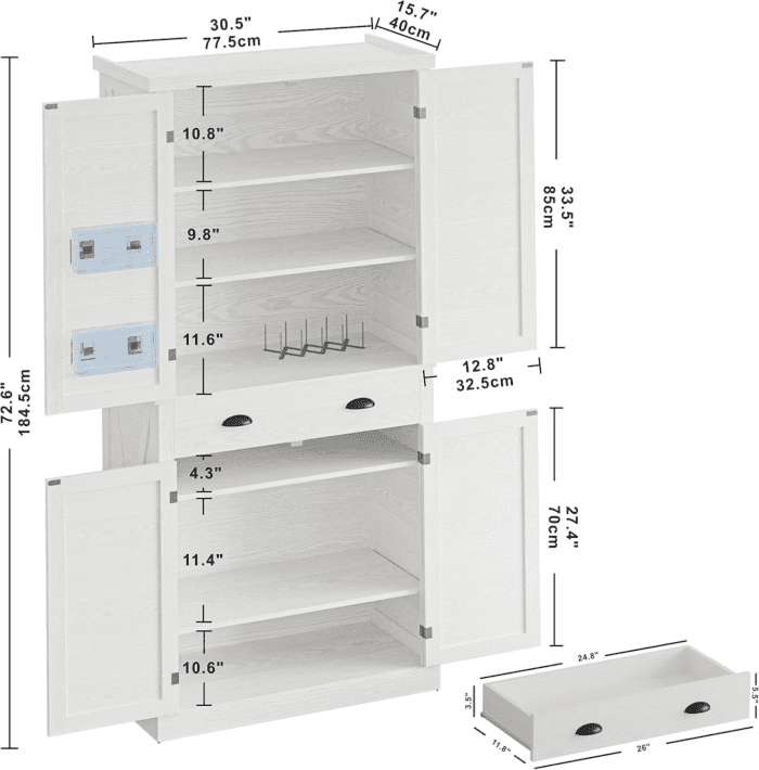 Kitchen Pantry Storage Cabinet 72.6" H, with Barn Doors, Drawer, 4 Adjustable Shelves, Freestanding Cupboard for Dining Room Living Room, Laundry, White - Image 3