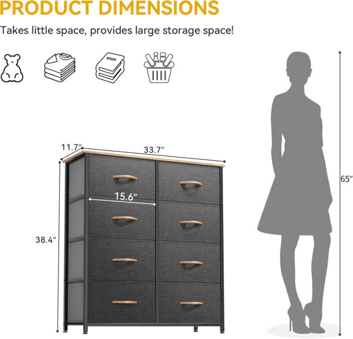 Dresser for Bedroom, Fabric Dresser with 8 Drawers, Tall Dresser, Double Dresser, Chest of Drawers for Closet, Living Room, Sturdy Steel Frame, Wooden Top, Easy Pull Handle - Image 5