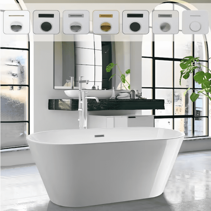 29.5-In X 59-In White/Polished Chrome Acrylic Oval Freestanding Soaking Bathtub with Drain (Center Drain) - Image 12