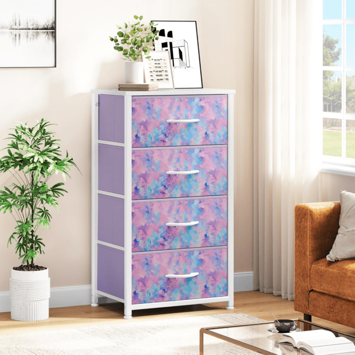 Dresser with 4 Drawers - Storage Tower Unit, Kids Dresser for Bedroom, Living Room, Closets - Sturdy Steel Frame, Wooden Top & Easy Pull Fabric Bins,Purple - Image 3