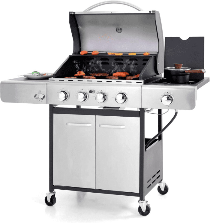 4-Burner Propane Gas BBQ Grill with Side Burner and Porcelain-Enameled Cast Iron Grates 42,000BTU Outdoor Cooking Stainless Steel Grills Cabinet Style Garden Barbecue Grill, Silver