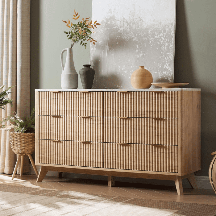 Fluted 6 Drawers Dresser, 54" Wide Modern Chest of Drawers with Faux Marble Top, Curved Profile Design, Dresser TV Stand, Wood Drawer Organizer for Bedroom, Living Room, Hallway, Natural Oak