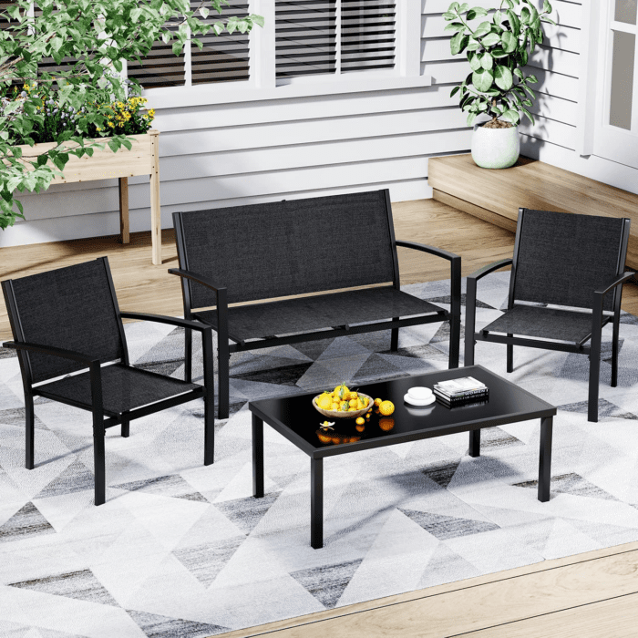 4 Pieces Patio Furniture Set, Outdoor Conversation Sets for Patio, Lawn, Garden, Poolside with a Glass Coffee Table, Black - Image 2