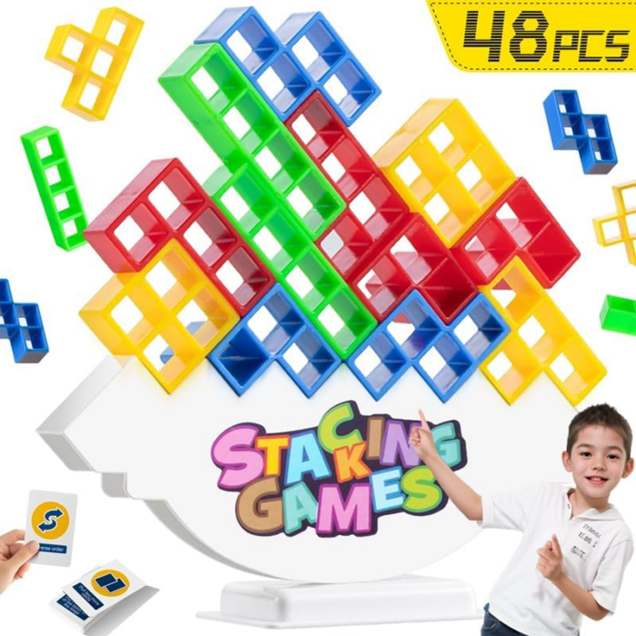 48 Pcs Tetra Tower Stacking Game Balance Blocks, Tetris Board Game Stack Attack, Kids & Adults Team Building Blocks Toy. Gift Friends,Classrooms,Family Games and Travel Parties Toy.