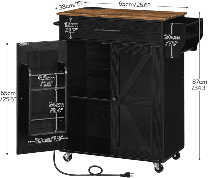 Kitchen Island with Power Outlet, Kitchen Storage Island with Large Worktop, Spice Rack and Drawer, Rolling Kitchen Cart on Wheels, for Kitchen and Dining Room, Rustic Brown and Black - Image 3