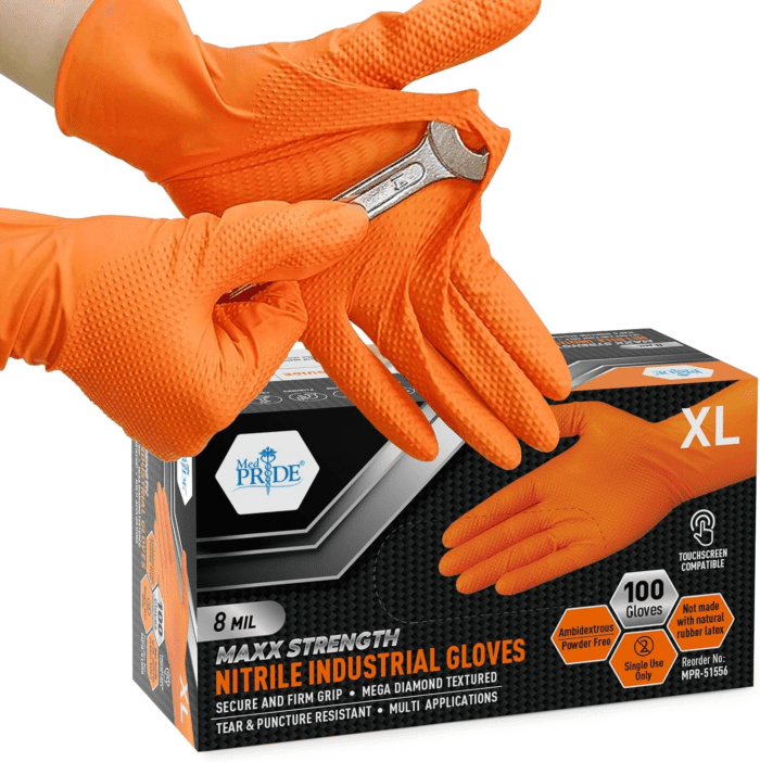 Maxx Strength Nitrile Industrial Orange Gloves, 8 Mil Thick - Diamond Texture Disposable Heavy-Duty, Tear-Resistant