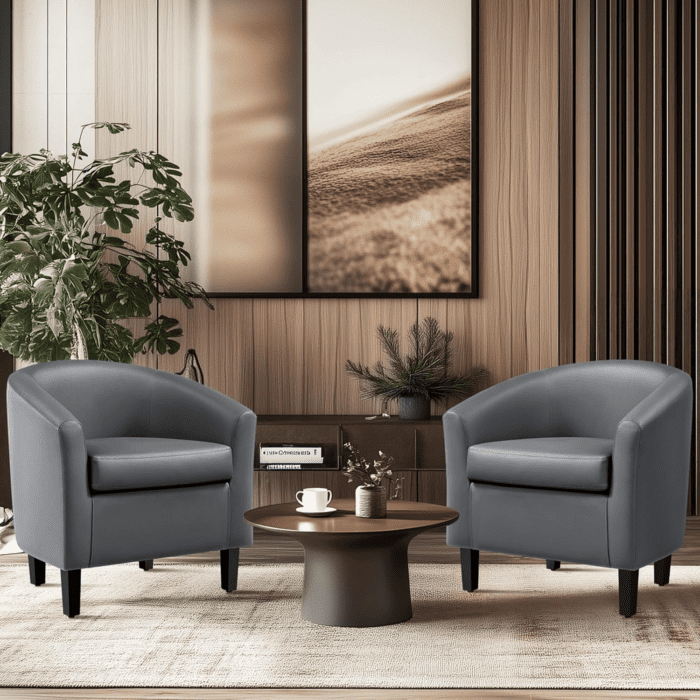 Barrel Chairs, Faux Leather Chairs, Modern Leather Club Chairs Comfy Gray Accent Chairs with Sturdy Wood Legs for Living Room/Bedroom/Reading Room/Waiting Room, Gray, Set of 2 - Image 4