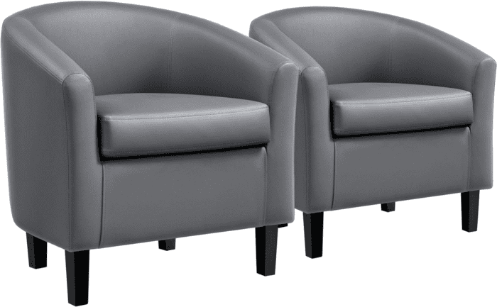 Barrel Chairs, Faux Leather Chairs, Modern Leather Club Chairs Comfy Gray Accent Chairs with Sturdy Wood Legs for Living Room/Bedroom/Reading Room/Waiting Room, Gray, Set of 2