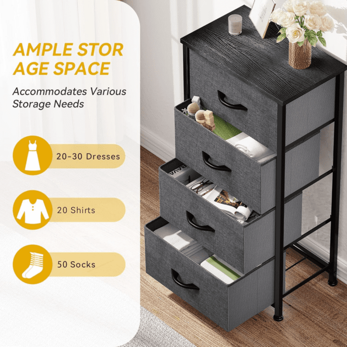 Storage Tower with 4 Drawers - Fabric Dresser, Organizer Unit for Bedroom, Living Room, Closets - Sturdy Steel Frame, Easy Pull Fabric Bins & Wooden Top - Image 4