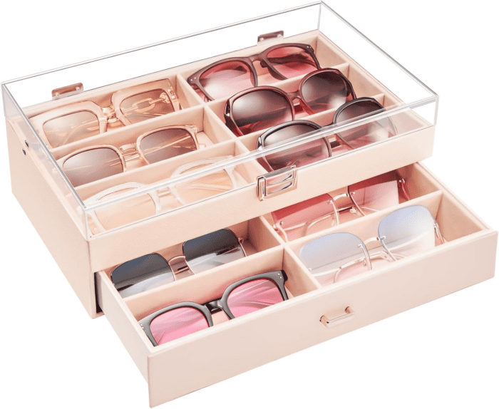 12 Slots Acrylic Clear Top Sunglass Organizer, 2 Layers Eyeglasses Case Multi Pairs Storage Eyewear Display Holder with Transparent Lid and Drawer -Champagne