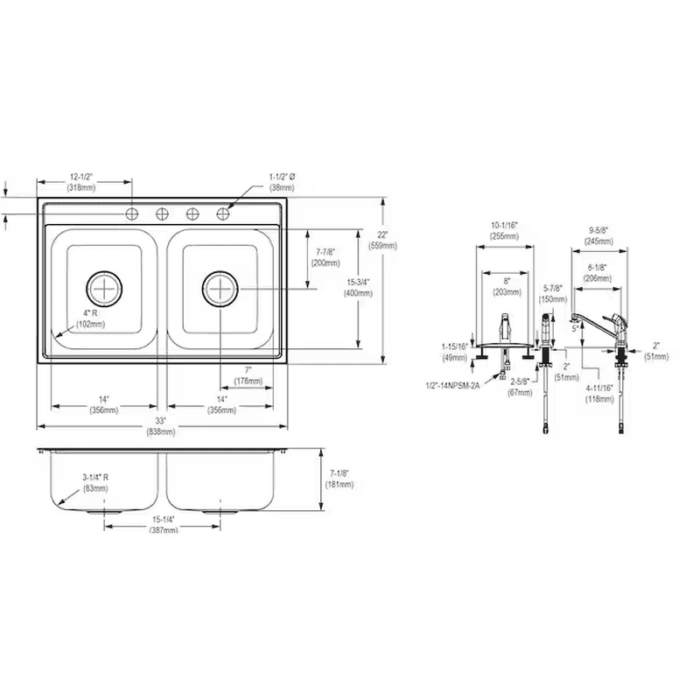 Drop-In 33-In X 22-In Satin Stainless Steel Double Equal Bowl 4-Hole Kitchen Sink All-In-One Kit - Image 14