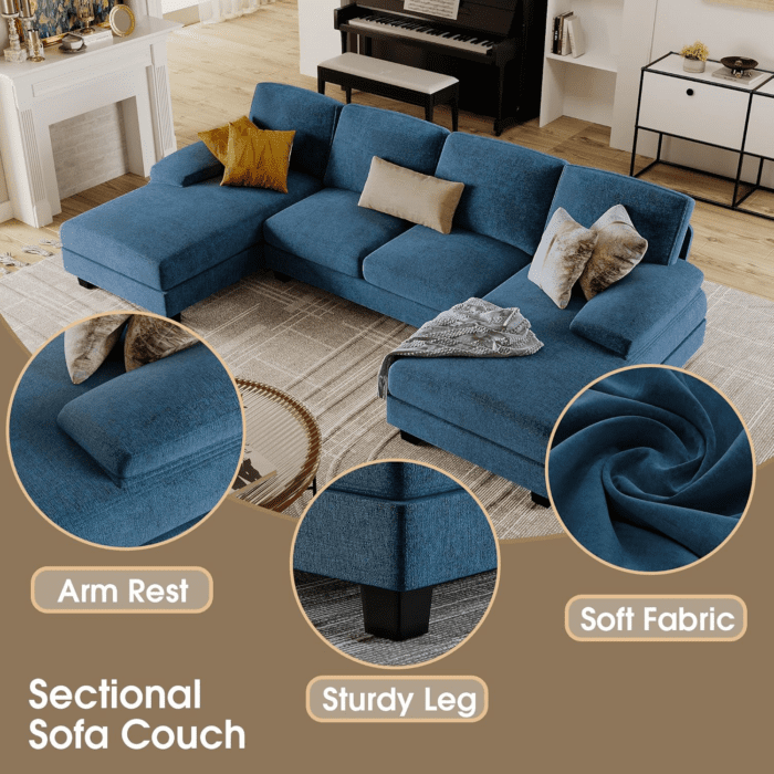 Sectional Couches for Living Room, U-Shaped Sofa Couch with Linen Fabric, 4 Seat Sofa Set with Double Chaise for Apartment (Fabric, Blue) - Image 5