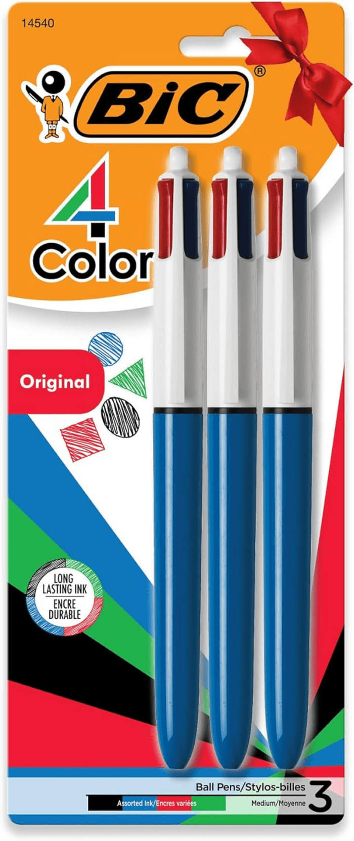 4-Color Original Retractable Ball Pens, Medium Point (1.0Mm), 3-Count Pack, Retractable Ball Pen with Long-Lasting Ink