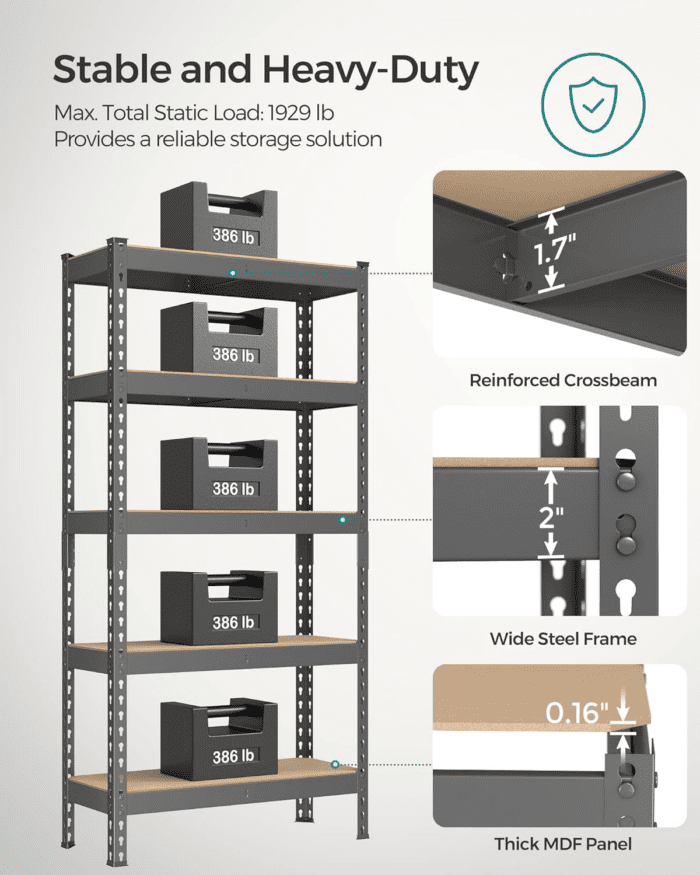 5-Tier Storage Shelves, Set of 2 Garage Storage, Boltless Assembly, Adjustable Shelving Units, 11.8 X 29.5 X 59.1 Inches, Load 1929 Lb Each, Shed Warehouse Basement, Gray UGLR300G02 - Image 4