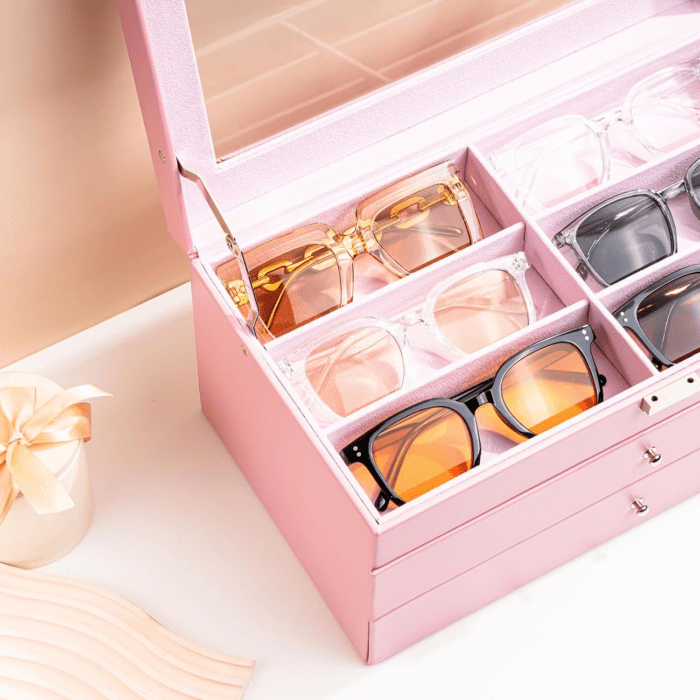 3-Layer Sunglasses Storage Organizer, 18 Slots Leather Sunglass Box Multiple Pairs Eyeglass Cases Eye Glass Eyewear Display Holder for Men Women -Pink - Image 5