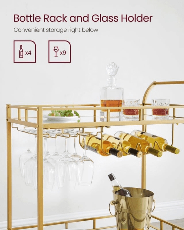 Bar Cart Gold, Home Bar Serving Cart, Wine Cart with 2 Mirrored Shelves, Wine Holders, Glass Holders, for Kitchen, Dining Room, Gold ULRC090A03 - Image 5