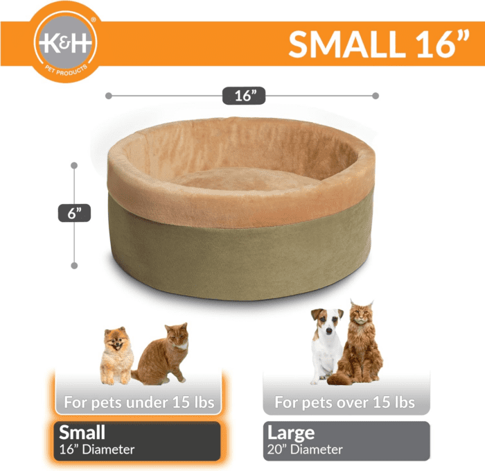 Thermo-Kitty Bed Heated Cat Bed for Indoor Cats , Electric Warming Bed for Cats and Small Dogs, Washable Thermal Plush Calming round Pet Bed - Small 16" Sage/Tan - Image 2