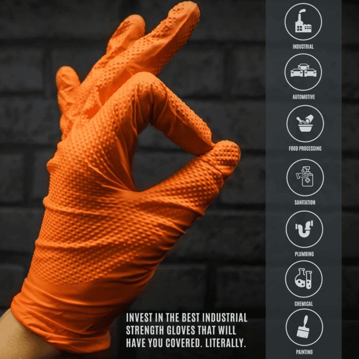 Maxx Strength Nitrile Industrial Orange Gloves, 8 Mil Thick - Diamond Texture Disposable Heavy-Duty, Tear-Resistant - Image 7