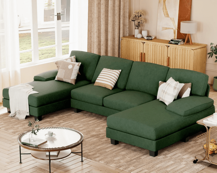 Sectional Couches for Living Room, U Shaped Couch with Chenille Fabric, 4 Seat Modern Sofa with Removable Pillows for Apartment and Small Space (Corduroy, Light Green) - Image 6