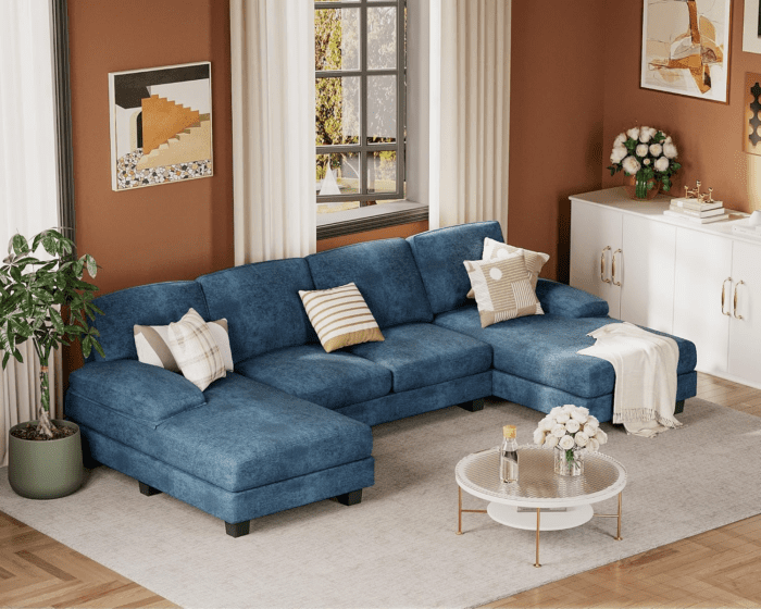 Sectional Couches for Living Room, U Shaped Couch with Chenille Fabric, 4 Seat Modern Sofa with Removable Pillows for Apartment and Small Space (Fabric, Blue) - Image 8