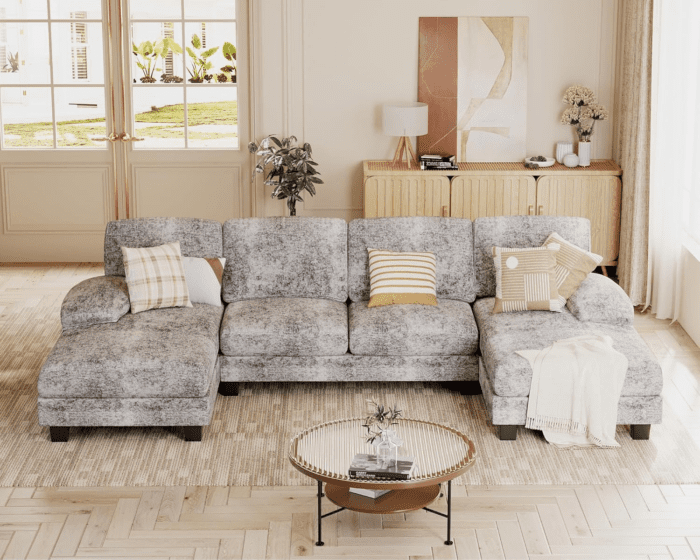 Sectional Couches for Living Room, U Shaped Couch with Chenille Fabric, 4 Seat Modern Sofa with Removable Pillows for Apartment and Small Space (Fabric, Grey)