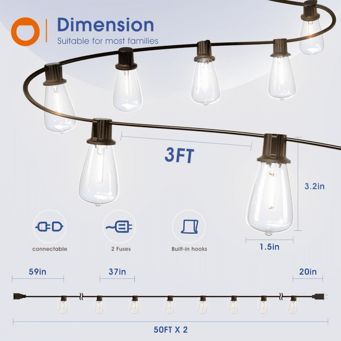 100FT(50FT*2) LED Outdoor String Lights Waterproof Patio Lights with 32 Shatterproof ST38 Replaceable Bulbs(2 Spare), Dimmable outside Hanging Lights Connectable for Porch, Backyard, 2200K - Image 6