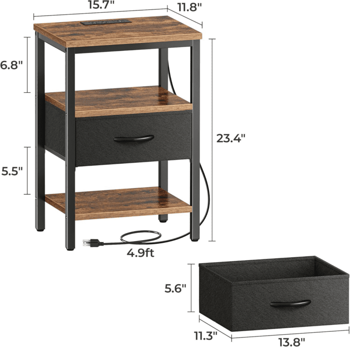 Nightstand with Charging Station, Bed Side Table with Adjustable Fabric Drawer, Night Stand for Bedroom, 3-Tier Storage End Table, for Living Room, Rustic Brown and Black - Image 3