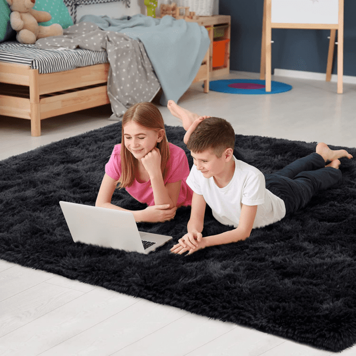 Fluffy Bedroom Rug Carpet,4X5.3 Feet Shaggy Fuzzy Rugs for Bedroom,Soft Rug for Kids Room,Plush Nursery Rug for Baby,Thick Black Area Rugs for Living Room,Cute Room Decor for Girls Boys - Image 5