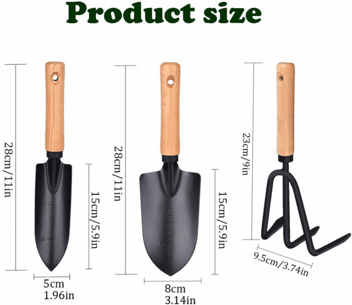 3 Pieces Garden Tools Set-Garden Rake Trowel, Gardening Tools with Wood Handle,Iron Crafts Gardening Work Kit with Solid Wood Ergonomic Handle Tools Succulent Gift Set Outdoor Gardening Tools(Black) - Image 7