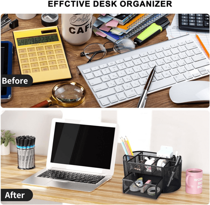 Mesh Desk Organizer Desktop Office Supplies Multi-Functional Caddy Pen Holder Stationery with 8 Compartments and 1 Drawer for Office, Home, School, Classroom (Black) - Image 4