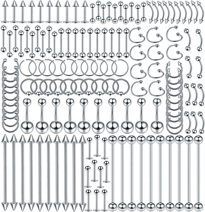 150PCS Piercing Kit Jewelry Stainless Steel Lip Nose Tongue Tragus Cartilage Daith Eeybrow Belly Button Rings Body Piercing Tools 14G 16G 20G