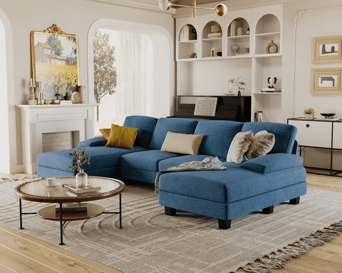 Sectional Couches for Living Room, U-Shaped Sofa Couch with Linen Fabric, 4 Seat Sofa Set with Double Chaise for Apartment (Fabric, Blue) - Image 6