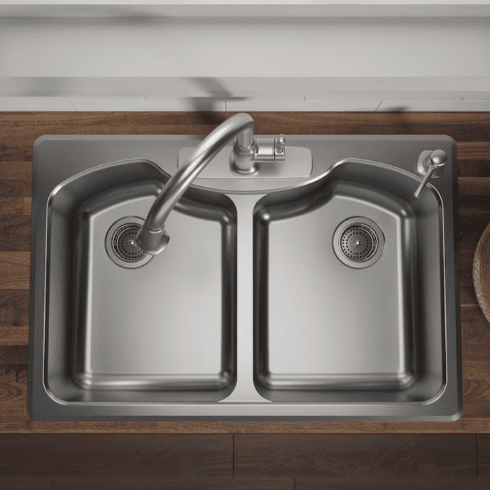 Octave Dual-Mount 33-In X 22-In Stainless Steel Double Equal Bowl 3-Hole Kitchen Sink - Image 5