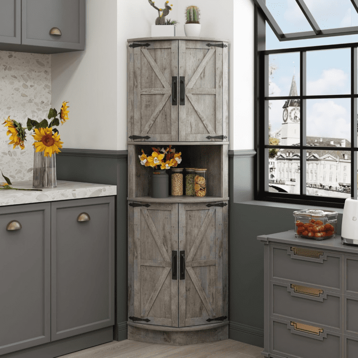 64.8" Tall Farmhouse Corner Cabinet with 4 Doors and 5 Storage Shelves, Farmhouse Storage Cabinet with Barn Door Design, Home Space Saver for Living Room, Kitchen, Laundry Room,Grey