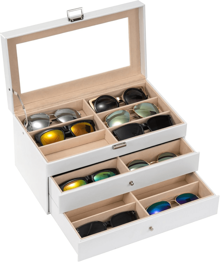 3-Layer Sunglasses Storage Organizer, 18 Slots Leather Sunglass Box Multiple Pairs Eyeglass Cases Eye Glass Eyewear Display Holder for Men Women, Father'S Day Gift -White